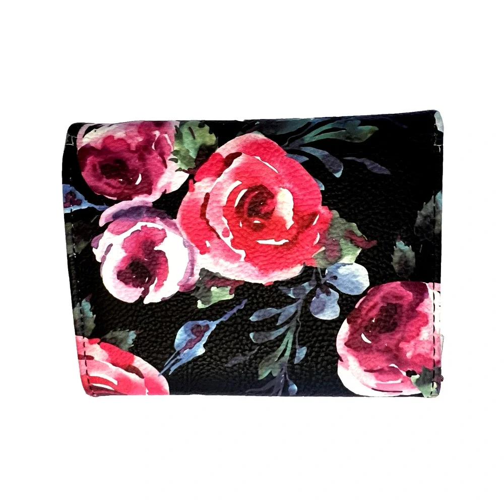 WOMEN'S BETSEY JOHNSON FLORAL PINK ROSES FLAP WALLET CARD CASE BILLFOLD